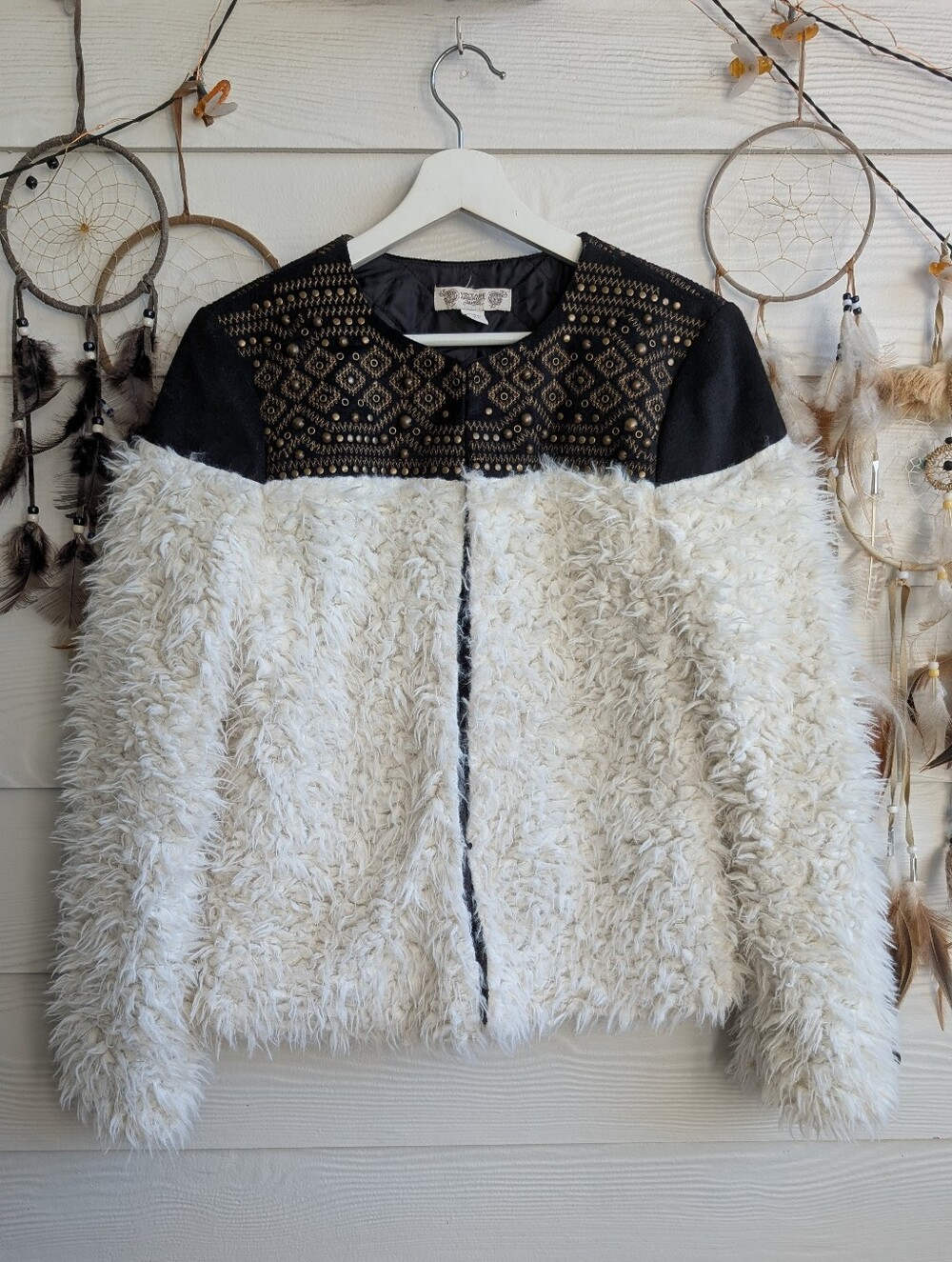 Vintage America White Faux Fur Jacket with Black Embroidered Yoke